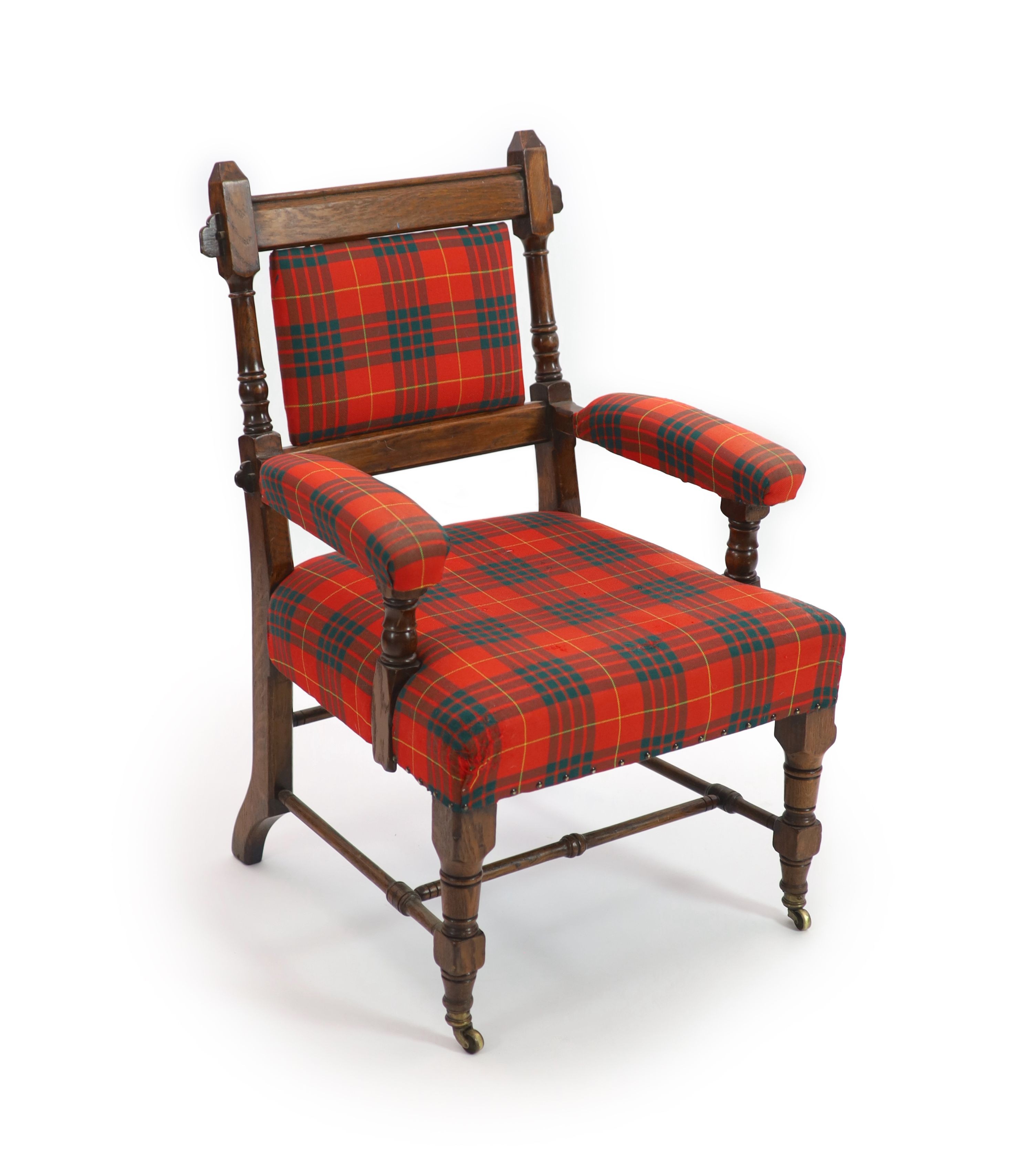 Royal Furniture - a Victorian Aesthetic movement oak open armchair W.66cm D.66cm H.100cm